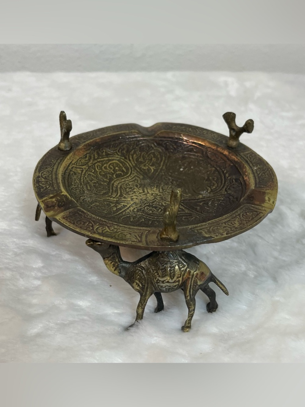 Vintage Brass Camel Ashtray Engraved Dish w Birds India Boho Moroccan Decor